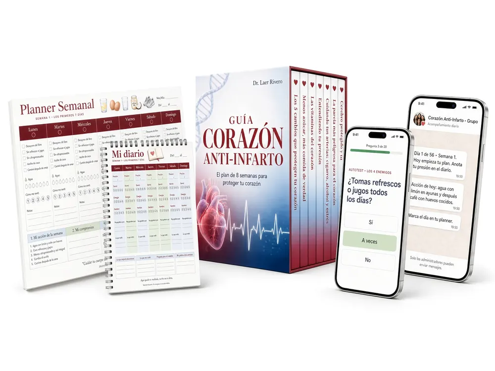 Tudo o que você recebe: Guia Corazón Anti-Infarto, planner, diário, autoteste e canal de avisos